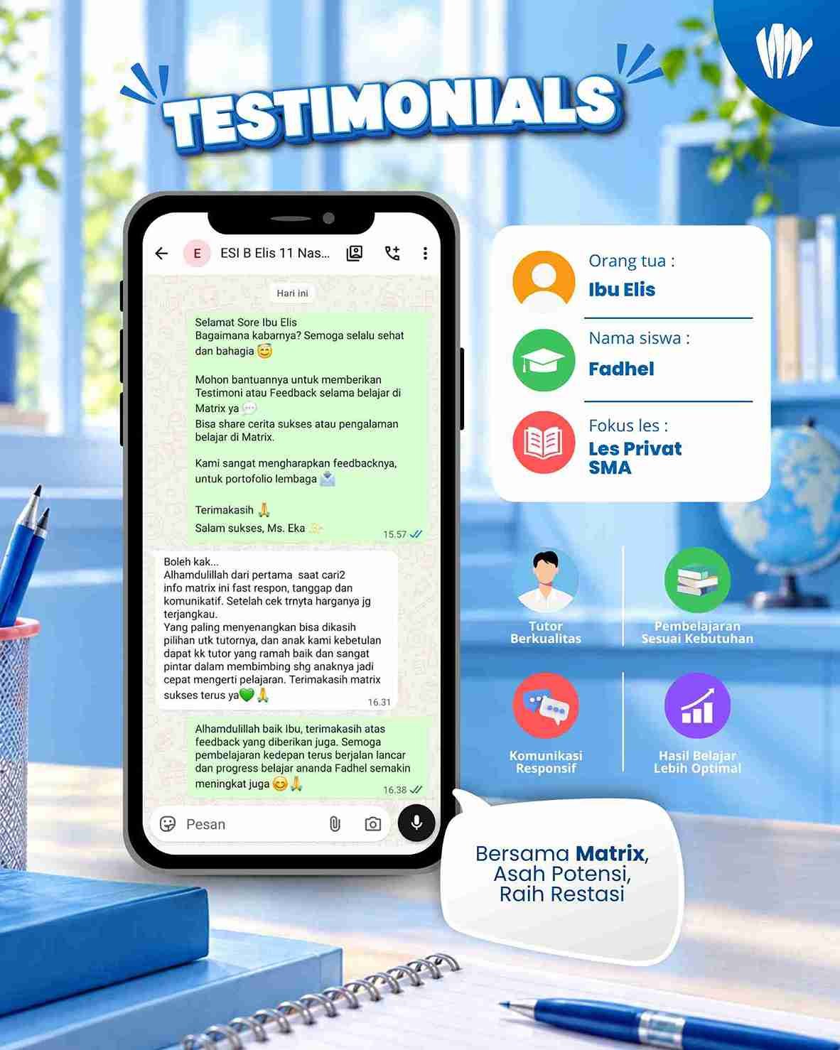 Testimoni Ibu Elis Les Privat TK SD SMP SMA OSN UTBK SNBT SIMAK UI CBT UGM Mahasiswa Karyawan, Les Online & Guru Datang ke Rumah