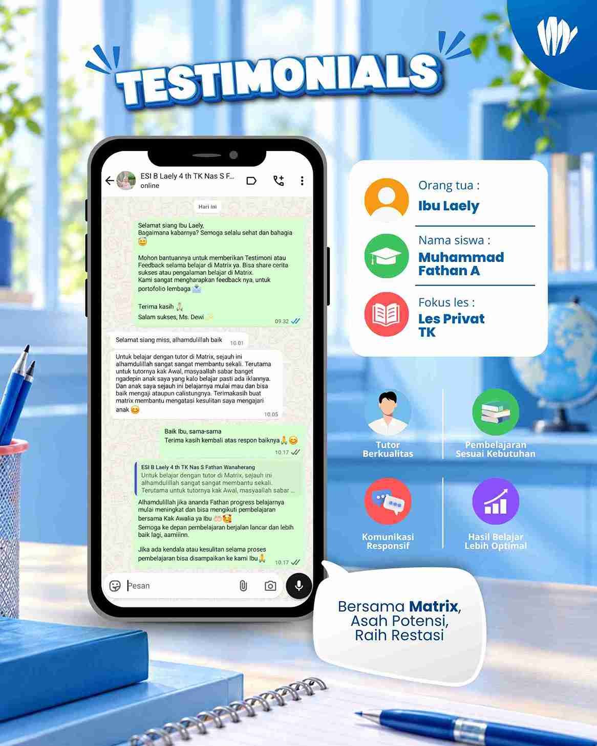Testimoni Ibu Laely Les Privat TK SD SMP SMA OSN UTBK SNBT SIMAK UI CBT UGM Mahasiswa Karyawan, Les Online & Guru Datang ke Rumah