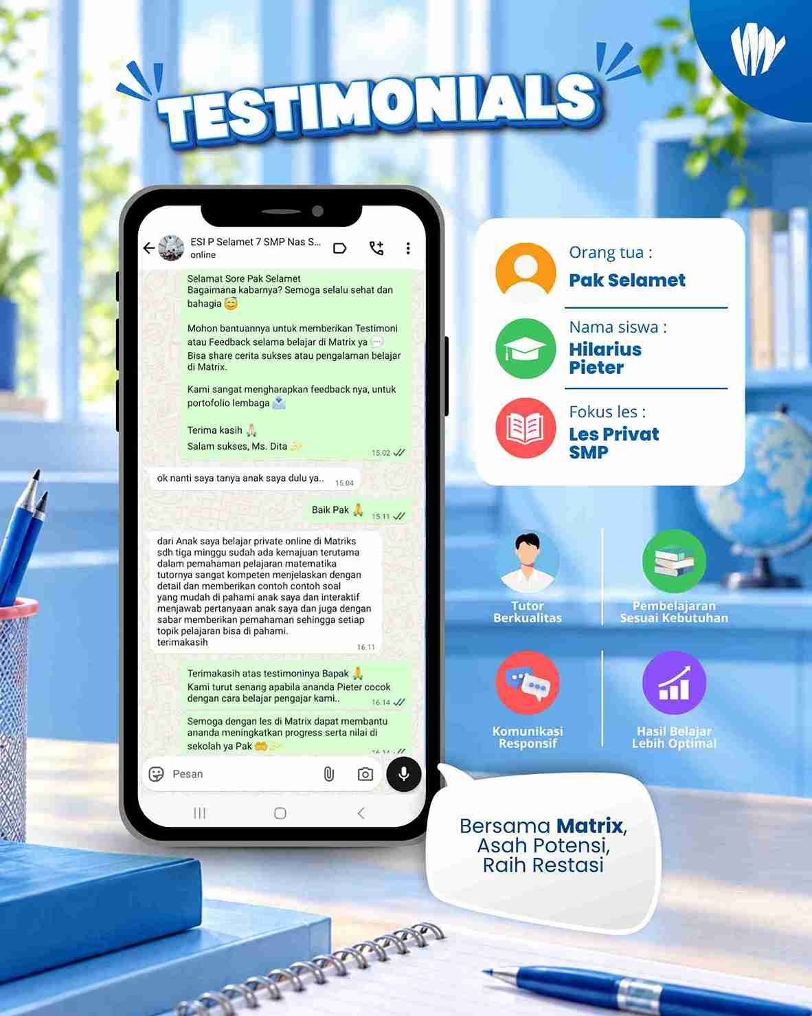 Testimoni Ibu Selamet Les Privat TK SD SMP SMA OSN UTBK SNBT SIMAK UI CBT UGM Mahasiswa Karyawan, Les Online & Guru Datang ke Rumah